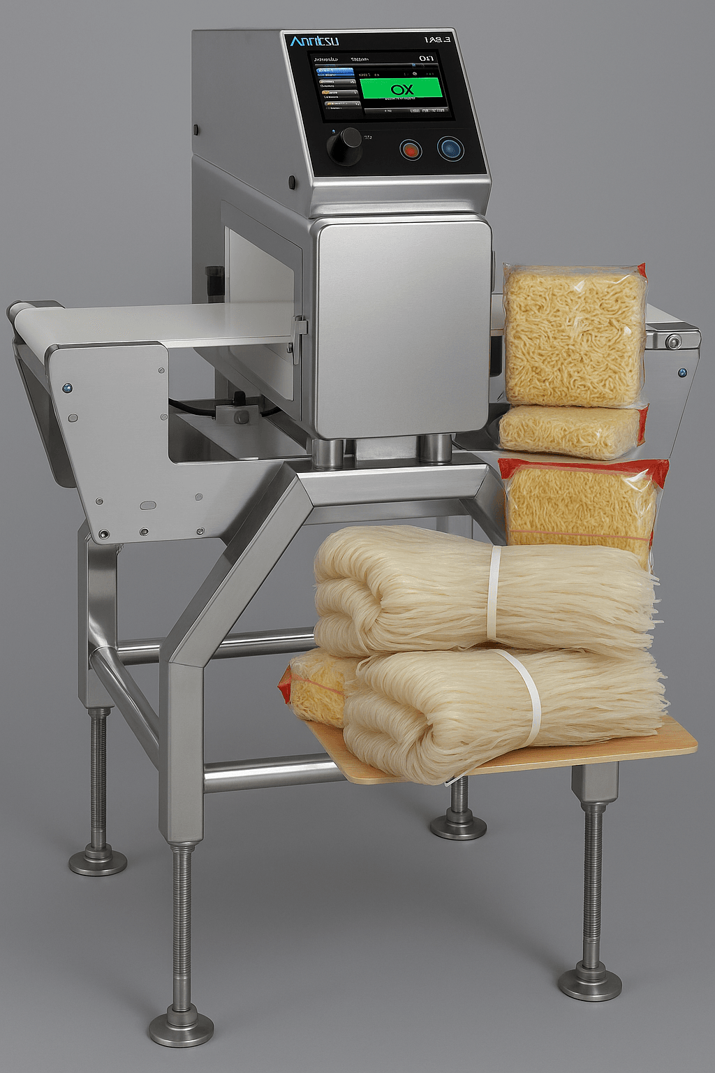 Máy dò kim loại Anritsu dùng trong dây chuyền sản xuất mì phở, giúp phát hiện tạp chất kim loại, đảm bảo sản phẩm đạt tiêu chuẩn an toàn thực phẩm.