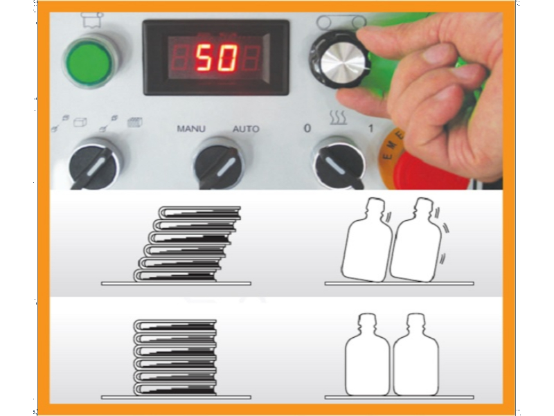 Hệ thống điều chỉnh tốc độ băng tải trên máy bọc màng co giúp căn chỉnh sản phẩm chính xác khi đóng gói